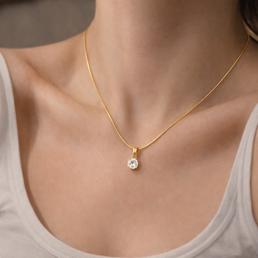 Gold Chain with Shining Round Stone Pendant