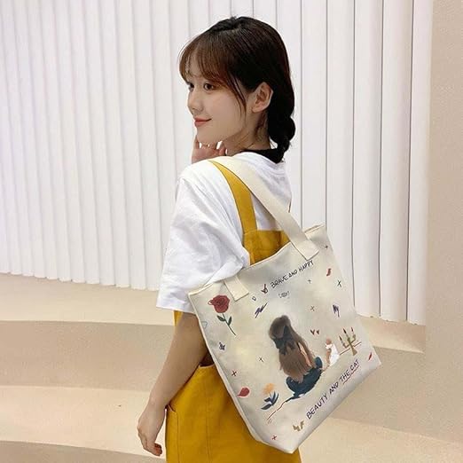 Cotton Canvas Tote Bag for Women & Men - Shoulder Bag with Inner Zip Pocket - Canvas Handbag for Grocery, Shopping, Travel, Picnic, Work, Beach Lunch Small Bag