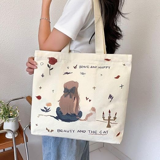 Cotton Canvas Tote Bag for Women & Men - Shoulder Bag with Inner Zip Pocket - Canvas Handbag for Grocery, Shopping, Travel, Picnic, Work, Beach Lunch Small Bag
