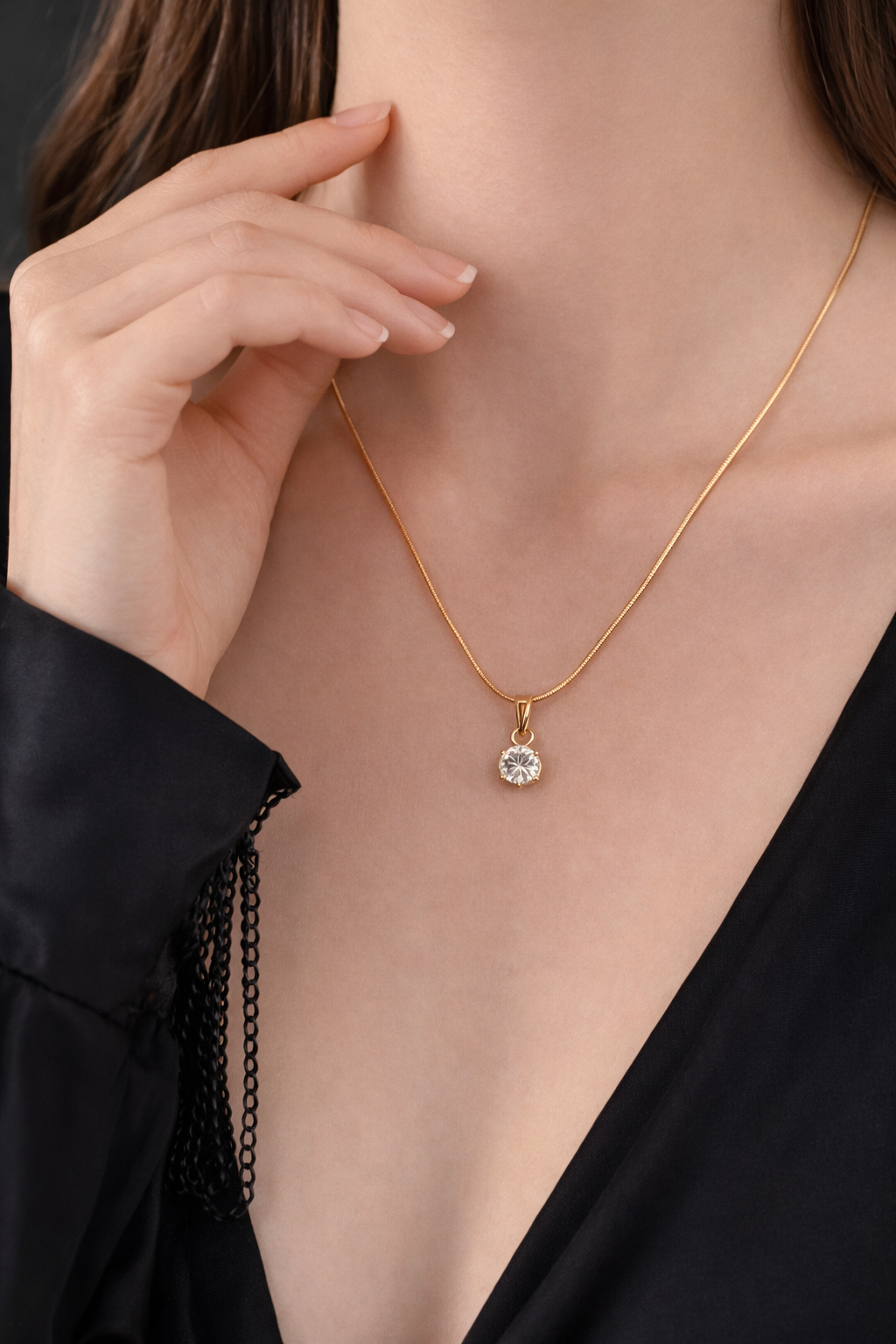 Gold Chain with Shining Round Stone Pendant