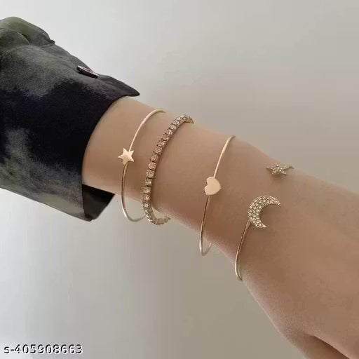 Open Bracelet Set Alloy Fashion Creative Diamond 4 Pices Star, Heart, Moon Charm Bracelets For Women & Girls