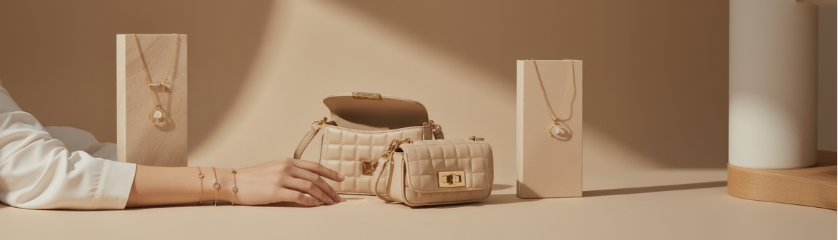 Design a mobile-responsive hero image for a women’s online shopping website featuring bracelets, pendants, and handbags. Use a clean, minimal, premium fashion style with soft neutral colors, lifestyle product images, and a modern Shopify-friendly layout. size 12827