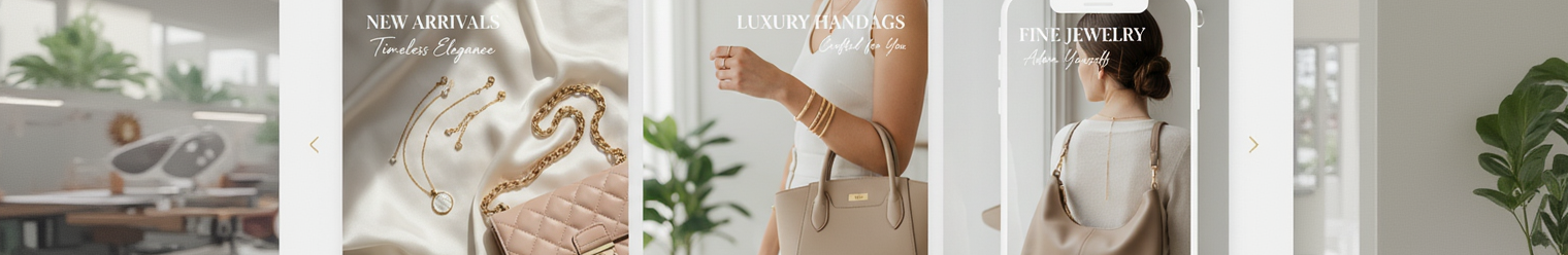 Design a mobile-responsive hero slideshow for a women’s online shopping website featuring bracelets, pendants, and handbags. Use a clean, minimal, premium fashion style with soft neutral colors, lifestyle product images, and a modern Shopify-friendly layout. 128:27