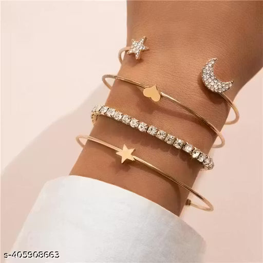Open Bracelet Set Alloy Fashion Creative Diamond 4 Pices Star, Heart, Moon Charm Bracelets For Women & Girls