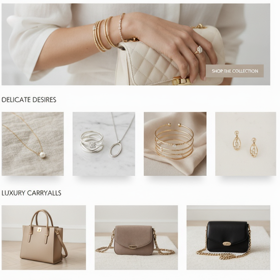 women’s online shopping website featuring bracelets, pendants, and handbags. Use a clean, minimal, premium fashion style with soft neutral colors, lifestyle product images, and a modern Shopify-friendly layout.